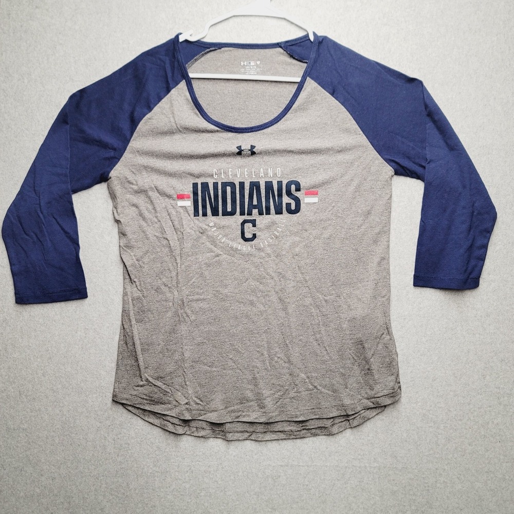 Under Armour HeatGear Cleveland Indians Shirt Womens Large Gray Raglan Baseball